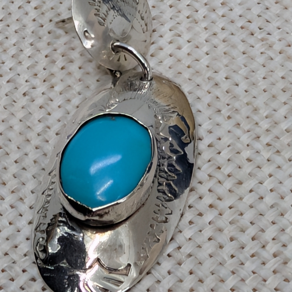 Vintage Handmade Sterling Silver Turquoise Stud Earrings | Florida Keys | 1.75” - Picture 3 of 16